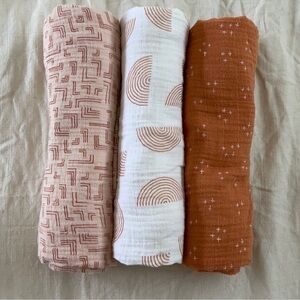 Crate&Barrel Geometric Swaddle Blanket Trio - White and Brown